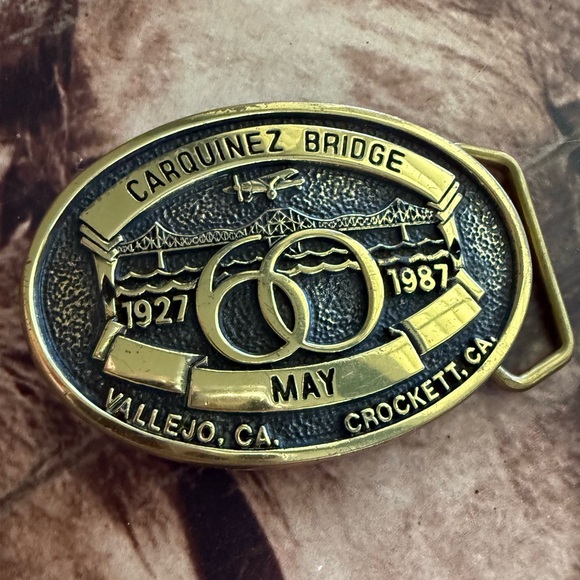 Vintage 1986 Carquinez Bridge Commemorative Solid Brass Belt Buckle - Picture 1 of 2